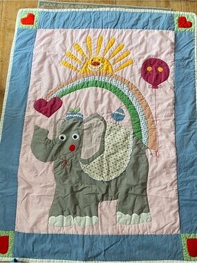 Handmade Cute Elephant Appliqué Baby Quilt with Rainbow & Sun